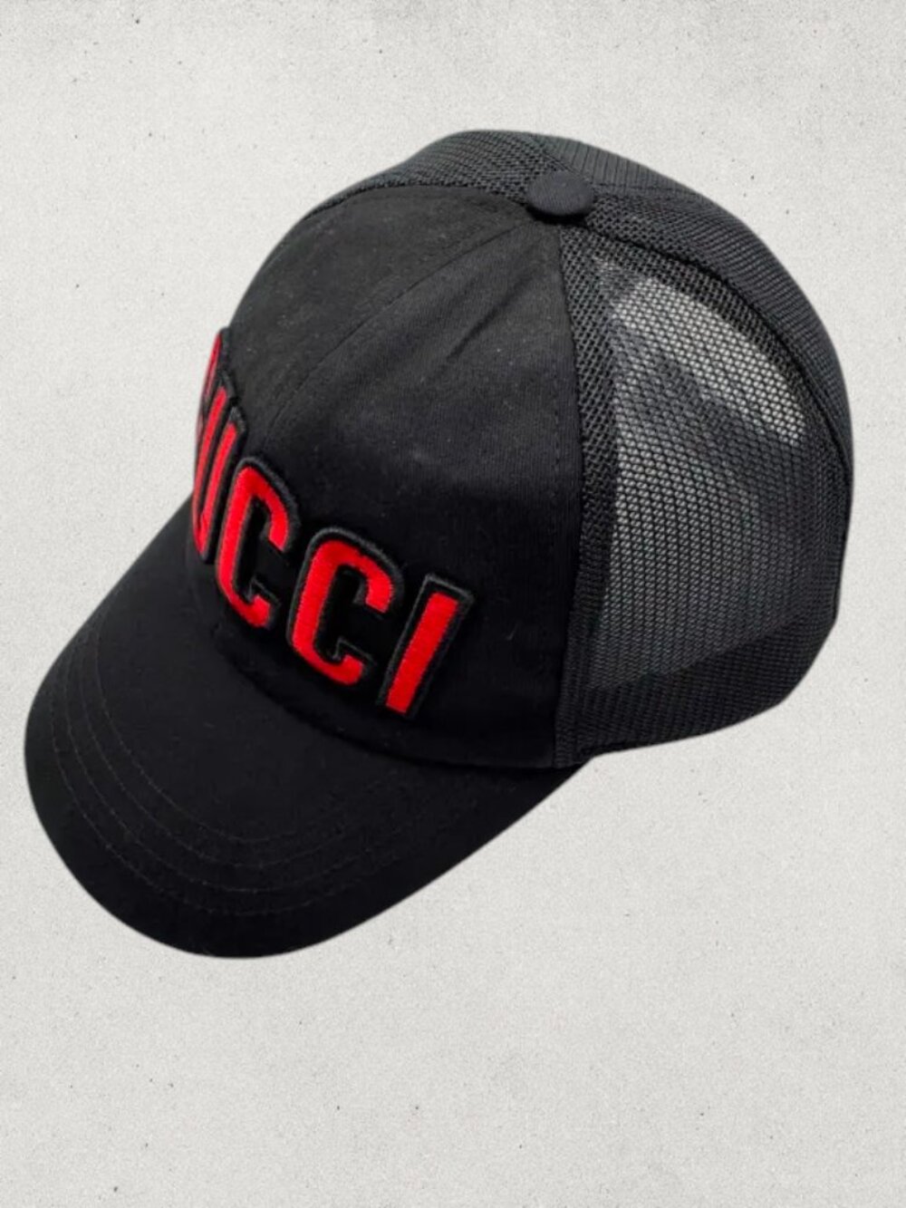 Gucci Black Cotton Mesh Red Logo Embroidered Hat Cap OS